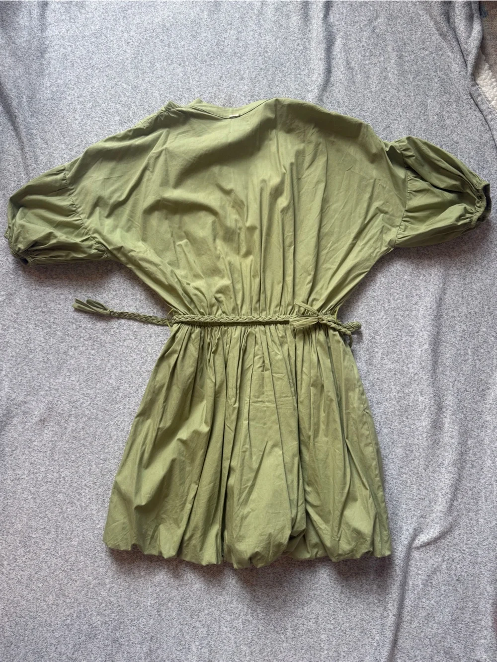 Misa Los Angeles Olive V-Neck Puff Sleeve Dress with Braided Waist Tie - Picture 2 of 3